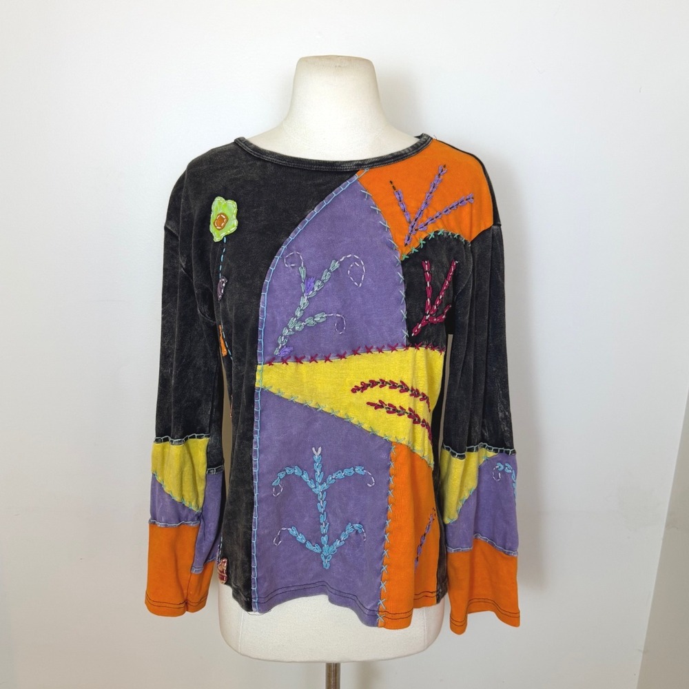 Vtg Patchwork Boho Y2K Long Sleeve Shirt Womens L/XL Retro Art To Wear Artsy